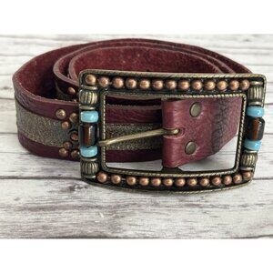 Vintage Leather Rock LEATHEROCK Belt Western  Brown Turquoise Gem Stud Ladies 32